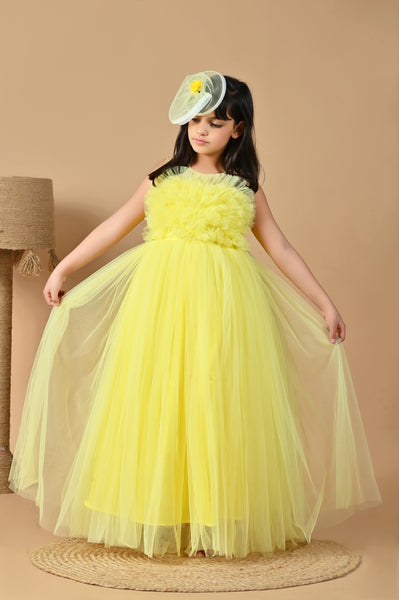 Ball Gown 3D Floral Lace Appliqued Yellow Prom Dress - VQ